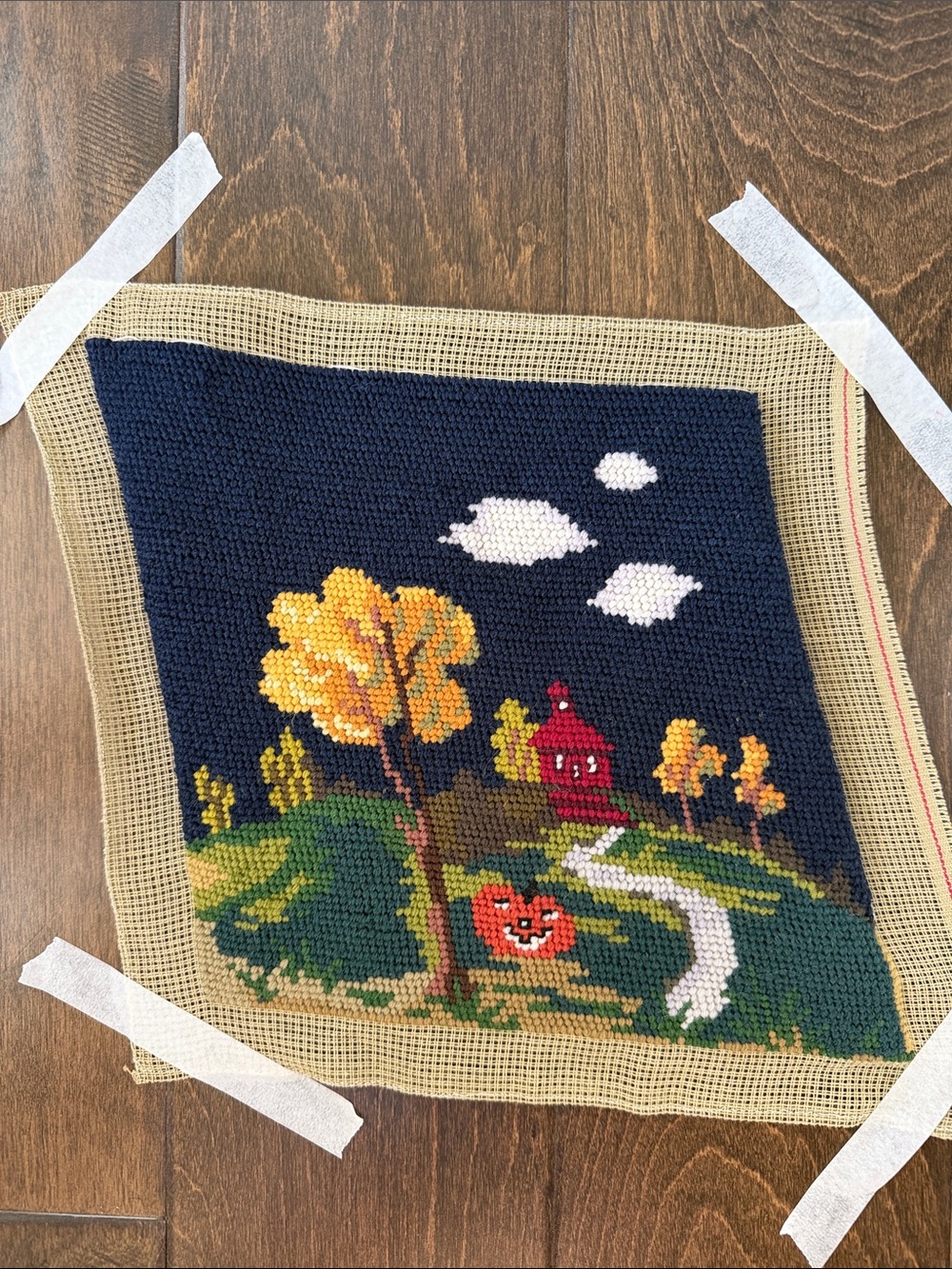 Completed Needlepoint - Fall scene with pumpkin